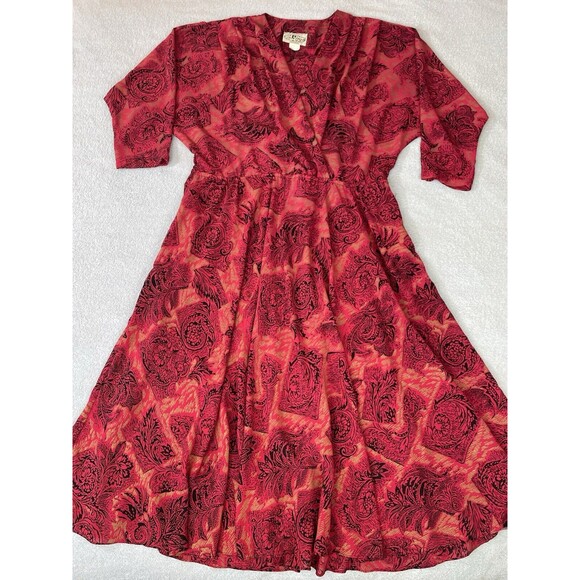 On The Rocks Vintage Dress Women's 11/12 Red Black Gold Floral Print 80s Pockets - Picture 1 of 15